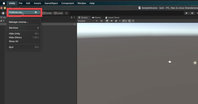 UnityメニューからPreferenceをクリック