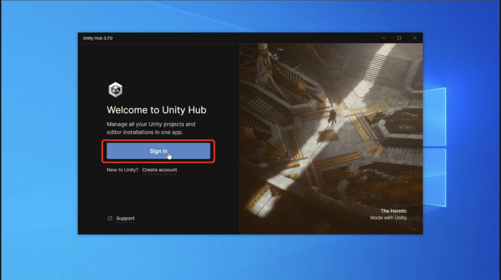 ユニティーハブのSign inをクリック