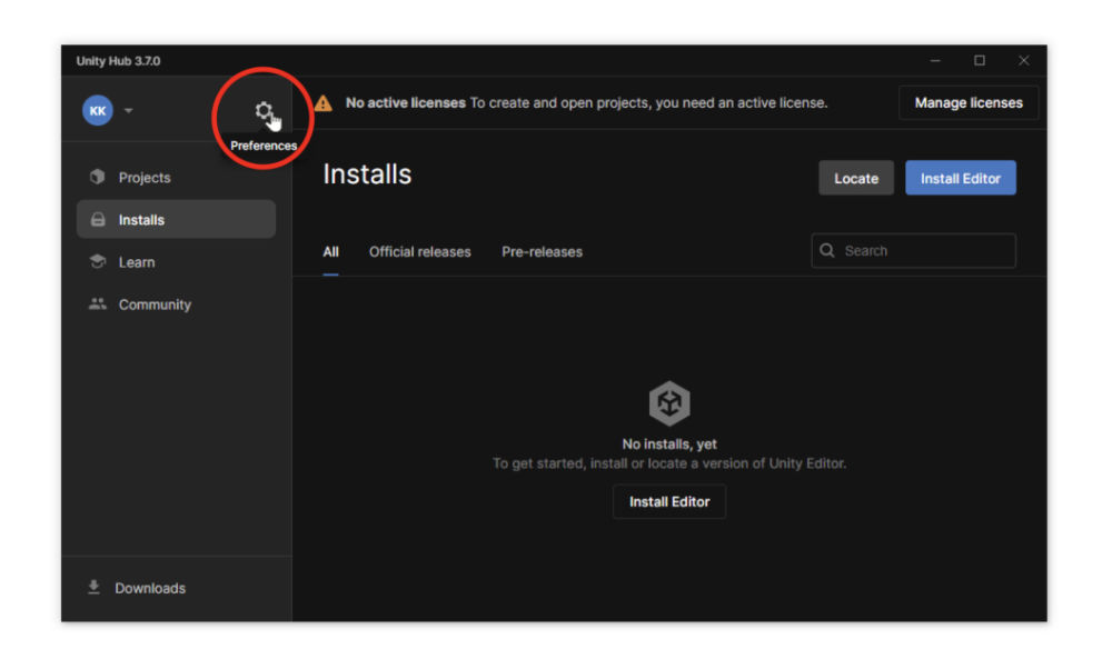 ユニティーハブの環境設定を開くために「Preferences」をクリックします
