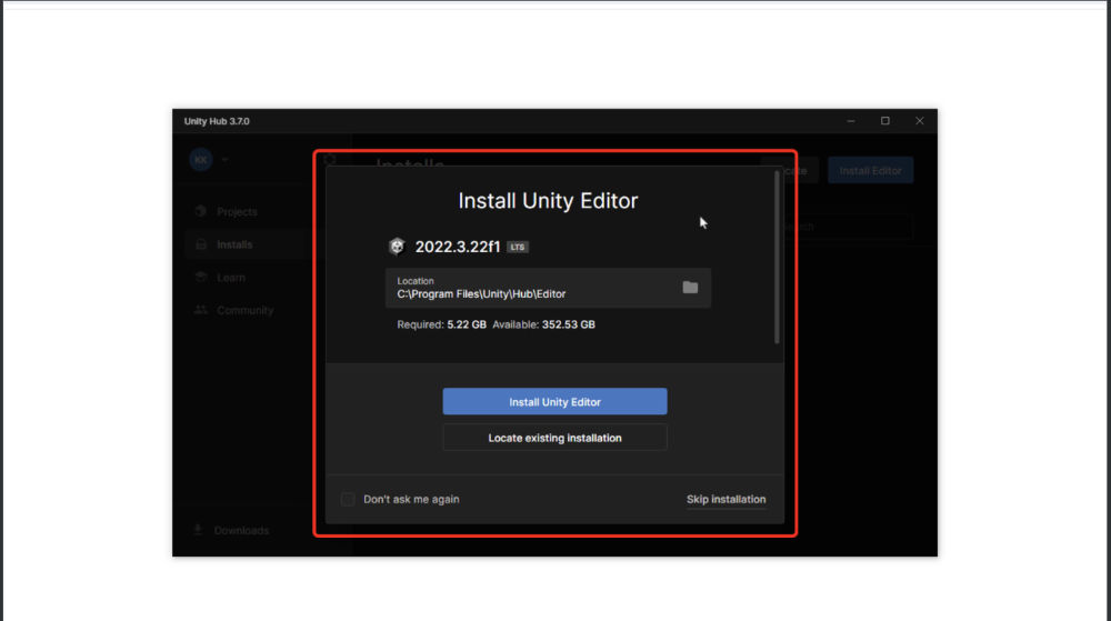 「Install Unity Editor」という画面が表示されました