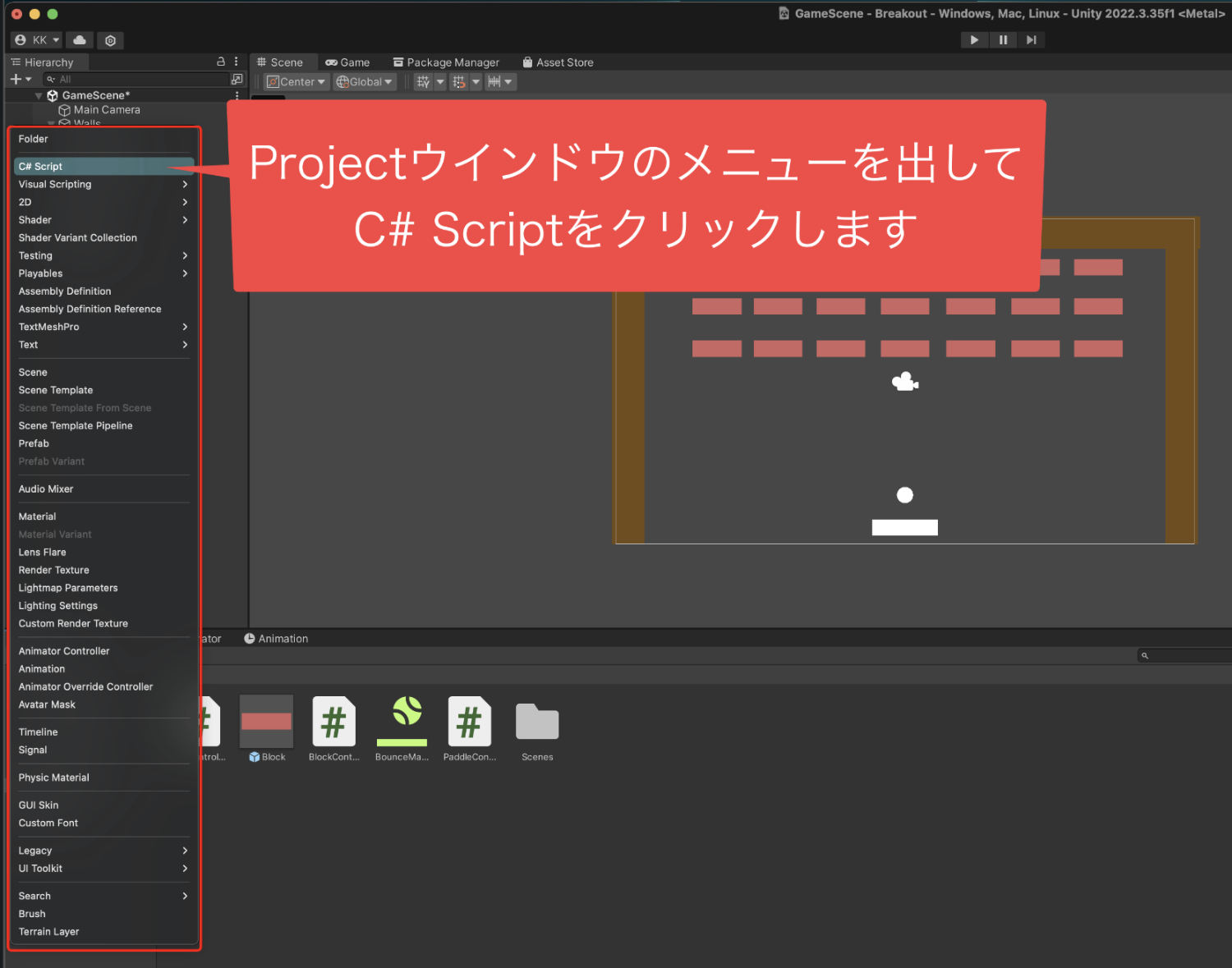 ProjectウインドウのメニューからC# Scriptをクリックした画像