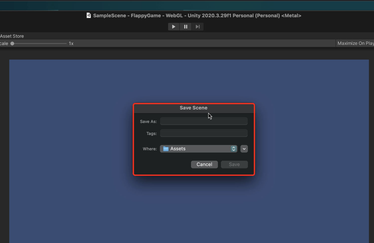 シーンをセーブするウインドウが開きました