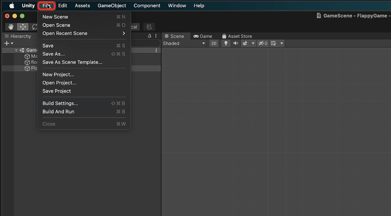 UnityのメニューバーからFileを選んだ画像
